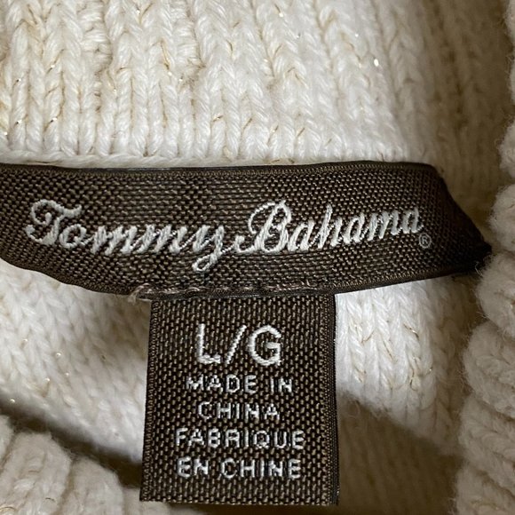 Tommy Bahama Cable Knit Turtleneck Sweater Cream Gold Metallic Sz L - Picture 9 of 14